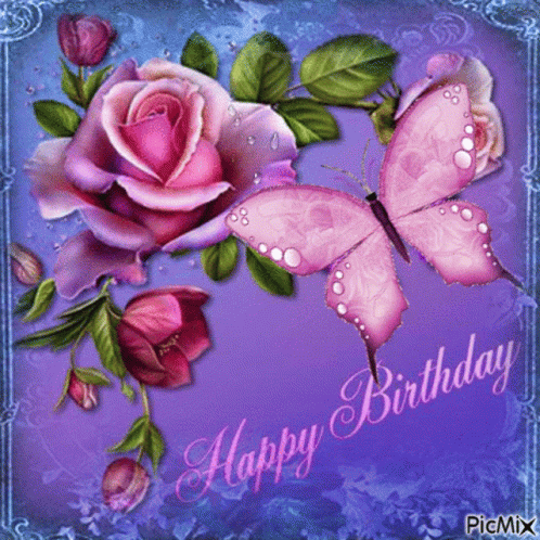 Happy Birthday Card with Roses and Butterflies