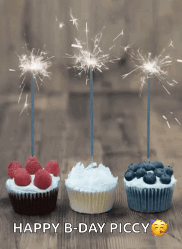 Happy Birthday Card With Three Cupcakes and Sparklers