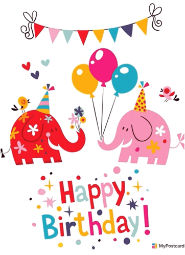 Happy Birthday Card With Two Elephants and Balloons