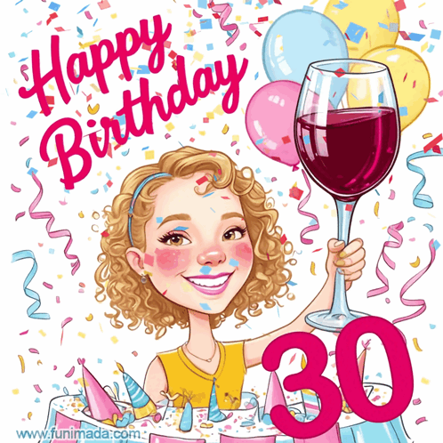 Happy Birthday Card Woman Holding Wine 30 GIF