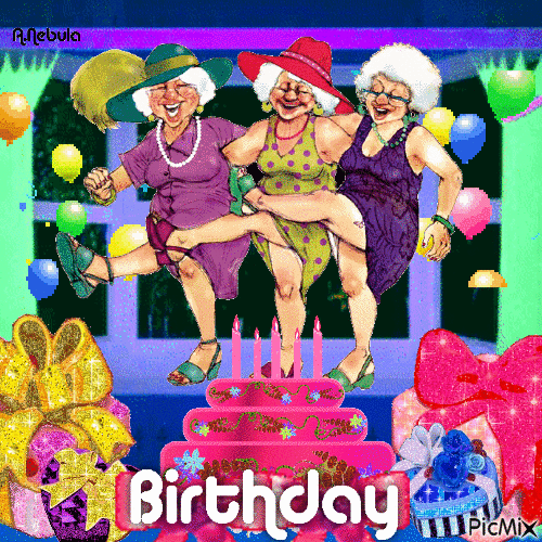 Happy Birthday Dancing Old Ladies Cartoon Art GIF