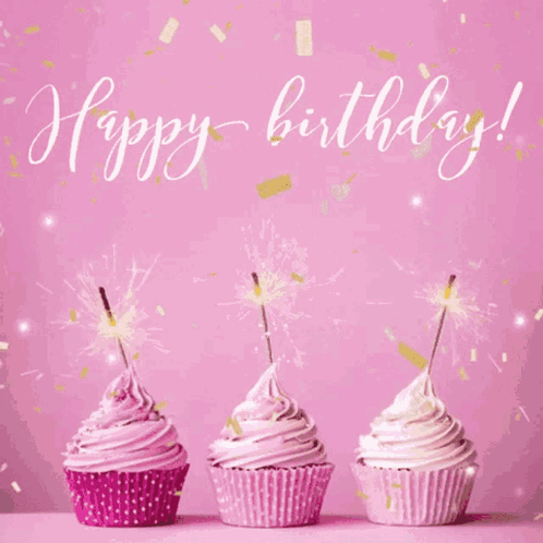 Happy Birthday Friend Pink Cupcakes Confetti GIF