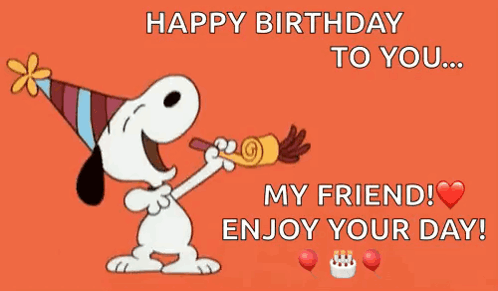 Happy Birthday Friend Snoopy Blowing Party Horns GIF