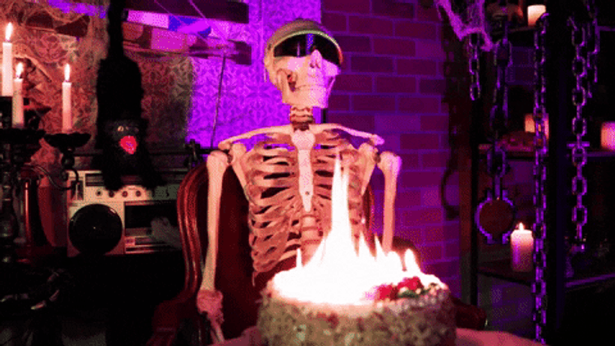 Happy Birthday Funny Skeleton Cake On Fire GIF