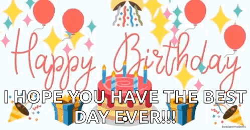 Happy Birthday Greeting Card With Cake Balloons Presents and Confetti