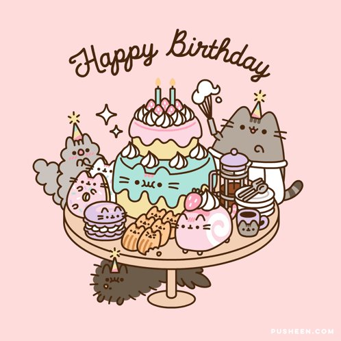 Happy Birthday Greeting Card With Cats And Cake GIF
