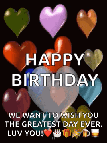 Happy Birthday Greeting Card With Hearts and Balloons
