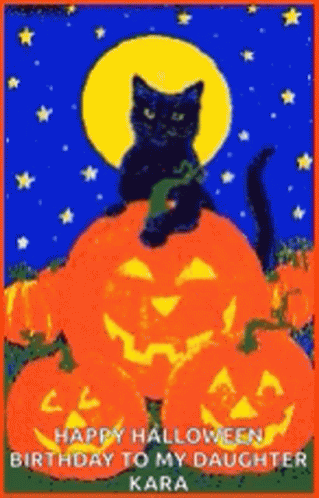 Happy Birthday Halloween Greeting Cat Night Pumpkins GIF