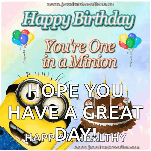 Happy Birthday Minion Holding Cake and Balloons