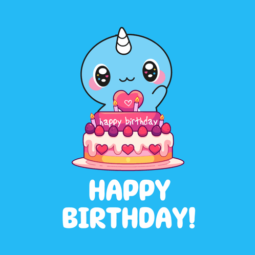 Happy Birthday Narwhal Holding Heart with Cake