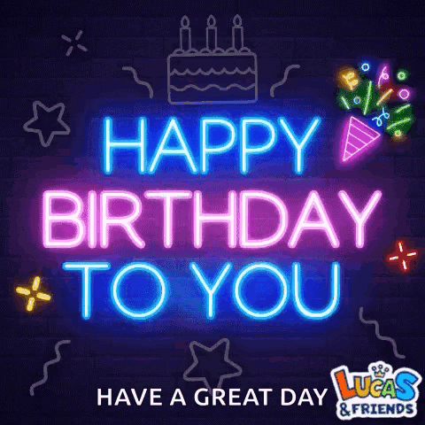 Happy Birthday Neon Sign With Cake and Fireworks