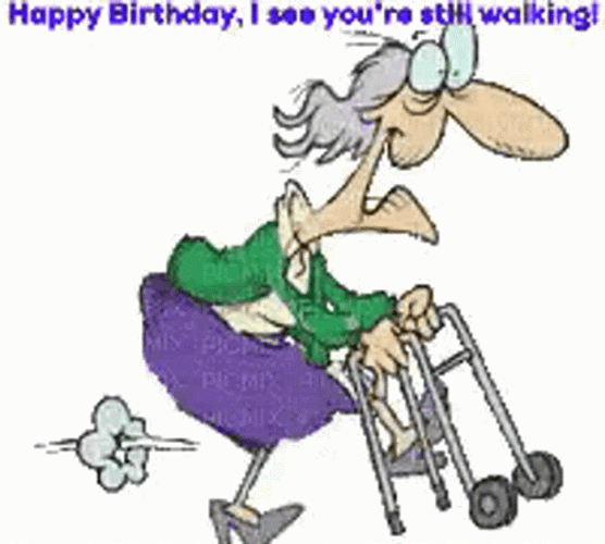 Happy Birthday Old Lady In Walker Cartoon Art GIF