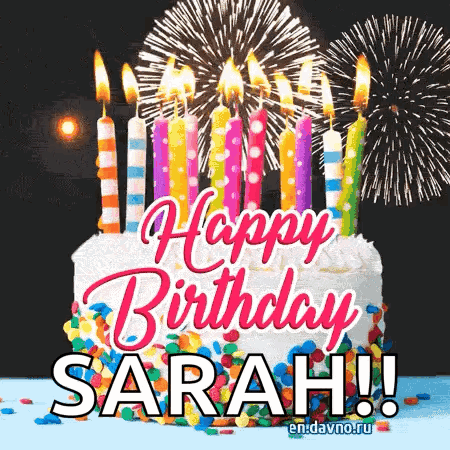 Happy Birthday Sarah Greeting Card With Cake and Fireworks