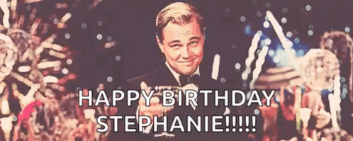 Happy Birthday Stephanie Poster With Tuxedo Man Pointing GIF