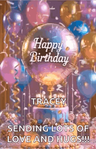 Happy Birthday Tracey Sending Lots of Love and Hugs Card With Cake and Balloons