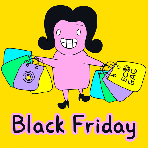 Happy Black Friday Animated Woman Holding Paper Bags GIF