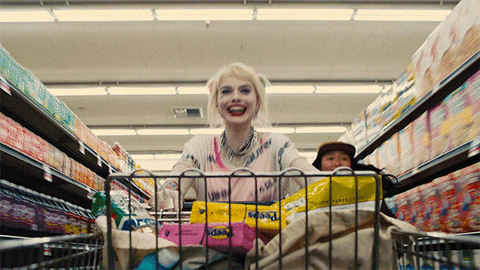 Happy Black Friday Harley Quinn Pushing Shopping Cart GIF