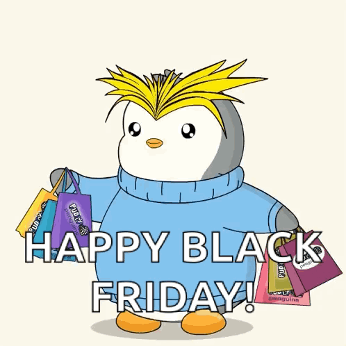 Happy Black Friday Pudgy Penguin Holding Bags GIF