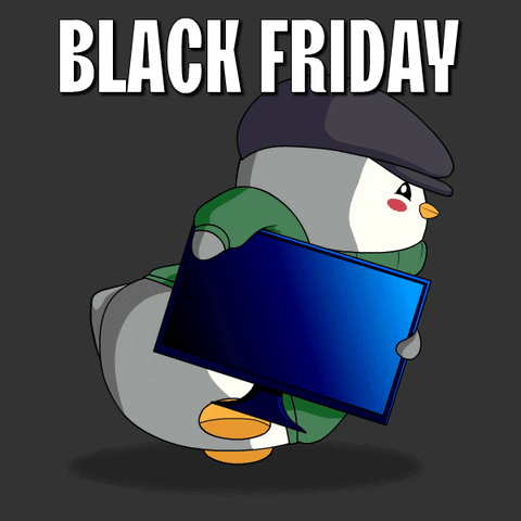 Happy Black Friday Pudgy Penguin Running With Television GIF