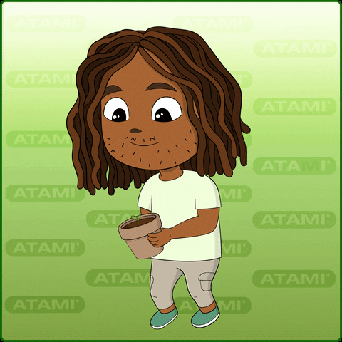 Happy Cartoon Kid Watching Growing Plant GIF