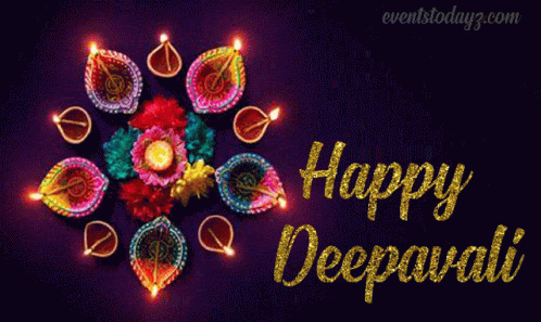 Happy Deepavali Greeting Card With Candles And Flowers GIF
