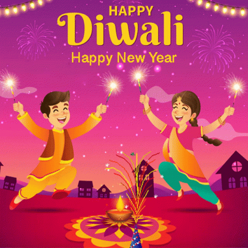 Happy Diwali Boy And Girl With Sparkles GIF