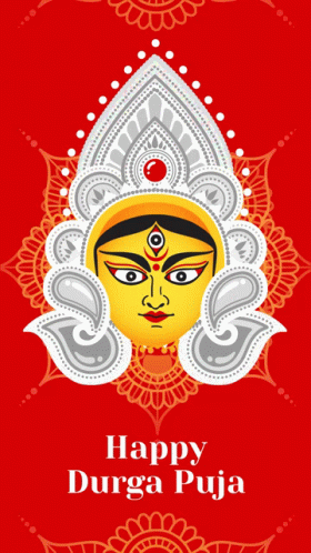 Happy Durga Puja Yellow Face On Red Background GIF