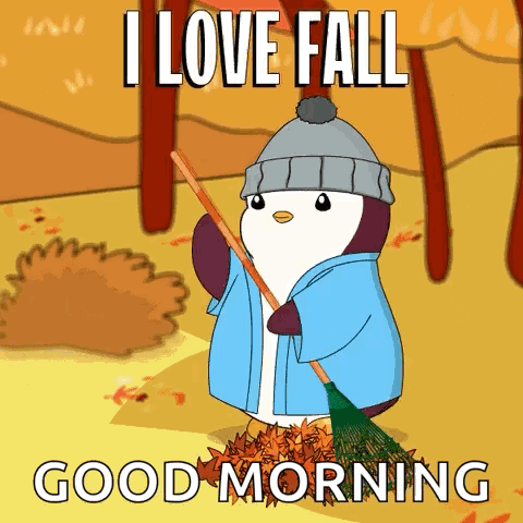 Happy Fall Saturday Penguin Ceaning Leaves GIF