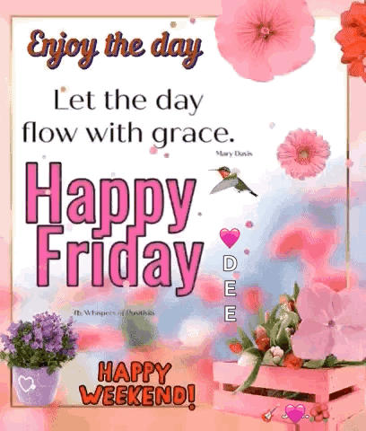 Happy Friday Card with Flowers and Hummingbird