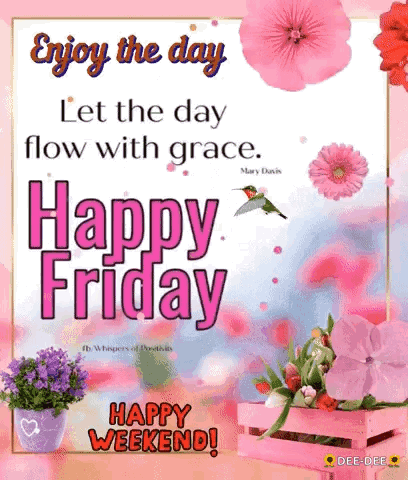 Happy Friday Greeting Card with Flowers and Hummingbird