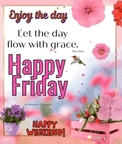 Happy Friday Greeting Card With Flowers And Hummingbird GIF