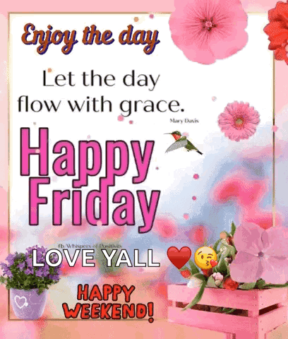 Happy Friday Greeting Card With Pink Flowers And Hummingbird GIF