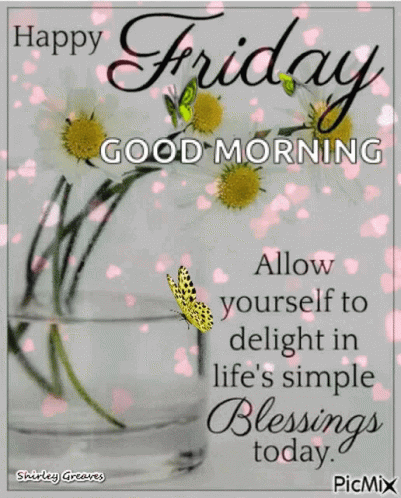 Happy Friday Morning Greeting Card With Flowers and Butterfly