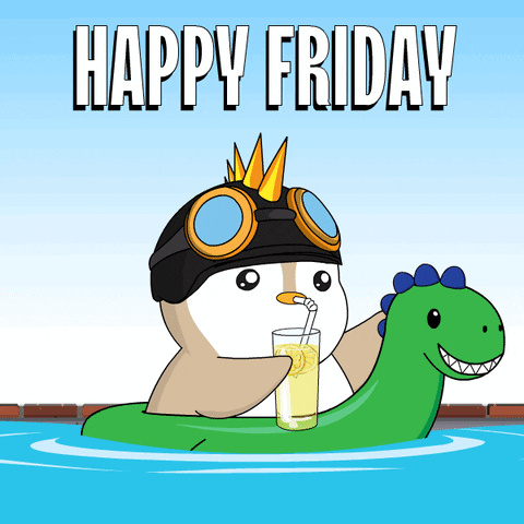 Happy Friday Penguin Floating in Pool With Drink