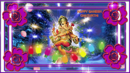 Happy Ganesh Chaturthi Greeting Card With Flowers and Lights