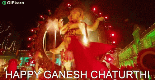 Happy Ganesh Chaturthi Statue Surrounded by Lights