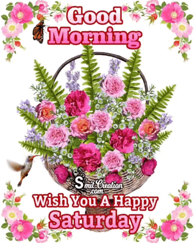 Happy Good Morning Pink Flower Basket GIF