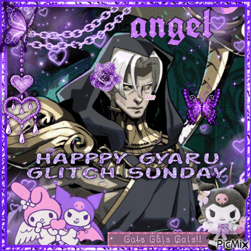 Happy Gyaru Glitch Sunday Greeting Card Purple Frame