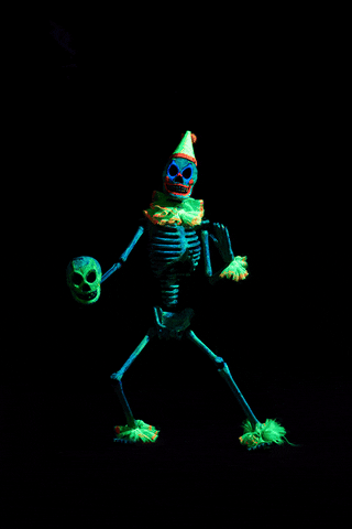 Happy Halloween Funny Dancing Skeleton In Clown Costume GIF