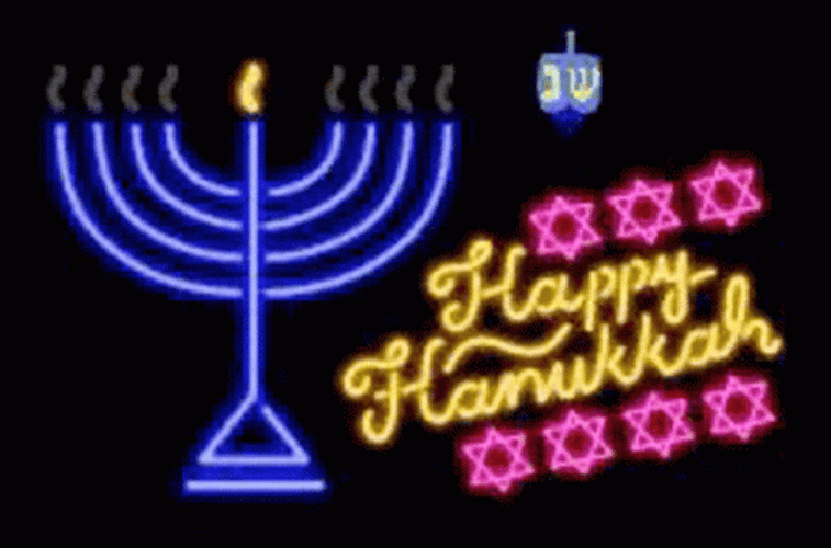 Happy Hanukkah Neon Lights Sign Greeting GIF