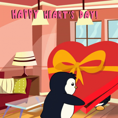 Happy Heart's Day Card Penguin Holding Red Heart GIF