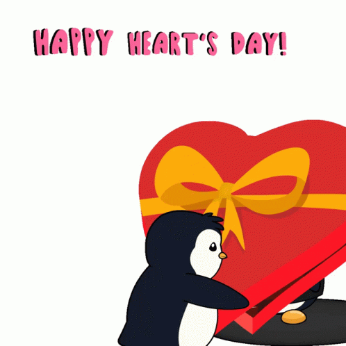 Happy Heart's Day Penguin Hugging Heart-Shaped Box GIF