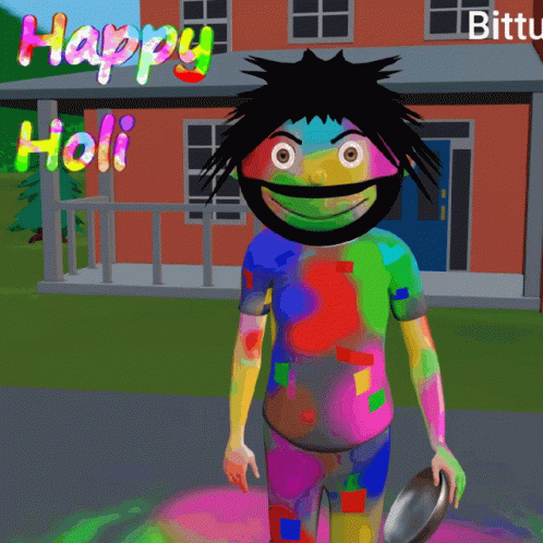 Happy Holi Greeting Card With Cartoon Character Covered In Colorful Paint GIF