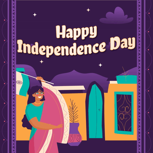 Happy Independence Day Woman Waving Flag Animation GIF