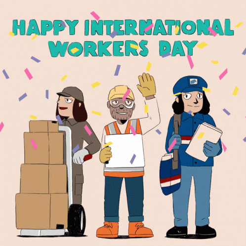 Happy International Workers Day Card With Cartoon Characters GIF