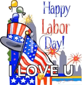 Happy Labor Day Card With Flag Balloons Fireworks GIF