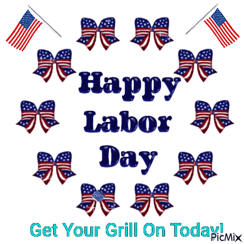 Happy Labor Day Sign With Flags And Bows GIF
