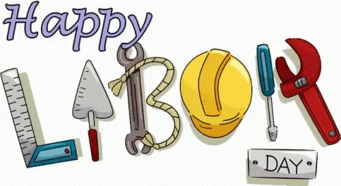 Happy Labor Day Sign With Hard Hat Wrench Ruler Hammer GIF