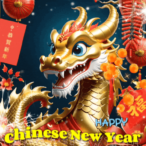 Happy Lunar New Year 2022 Golden Dragon Fireworks GIF