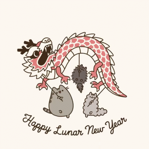 Happy Lunar New Year Cats Holding Dragon Costume GIF
